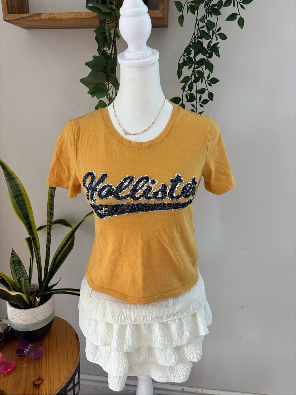 Hollister Mustard Short-Sleeve Sequin Logo Tee